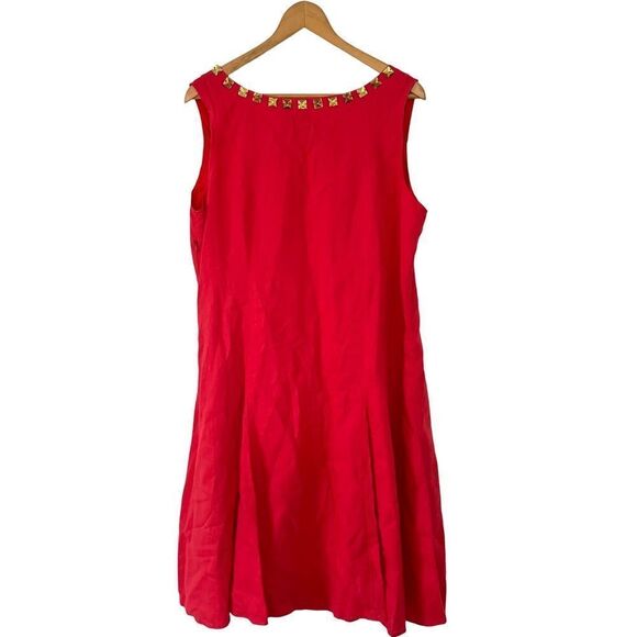 Carlie's Court VTG Orange Gold Accent A-Line 100% Linen Dress - Picture 2 of 7